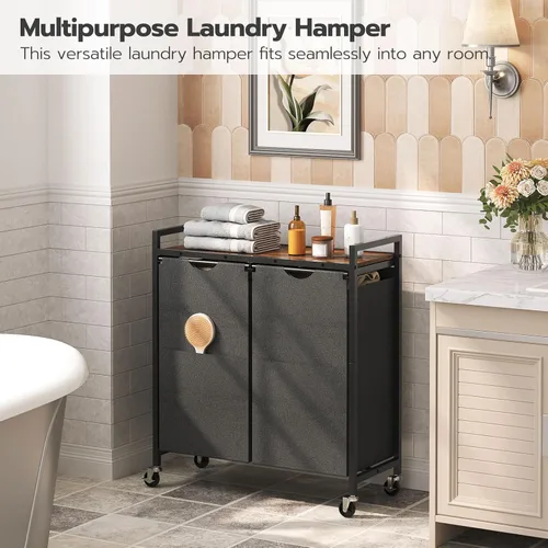 Miniatura 2 de HOOBRO Cesta de lavandería, clasificador de ropa sucia de 2 secciones, 2 × 13 galones (49.5 L), cesta de lavandería con ruedas, carrito rodante