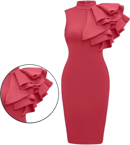 Miniatura 2 de XXTAXN - Vestido de cóctel entallado, formal, sin mangas y con volados para mujer, vestido de tubo de longitud media