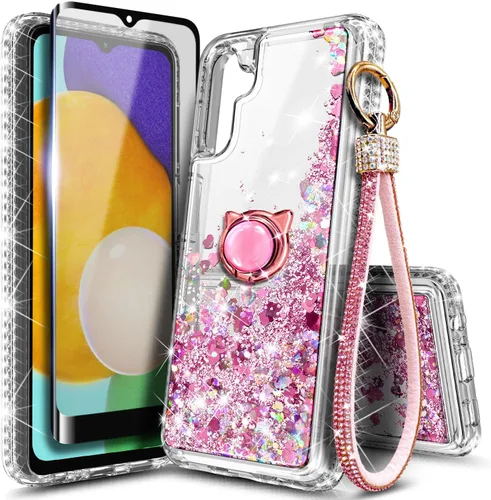 Miniatura 19 de Funda compatible con Samsung Galaxy S24-FE Aqua/Purple Funda líquida flotante con purpurina linda con protector de pantalla de vidrio templado