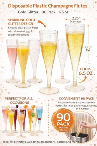 Miniatura 3 de Paquete de 90 copas de champán de plástico desechables de 6.5 onzas con purpurina dorada, resistentes a los golpes, vasos de mimosa para bodas