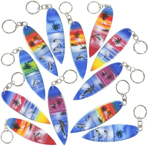 ArtCreativity Llaveros de madera para tabla de surf, juego de 12, divertidos llaveros para mochila, bolso, equipaje, grandes recuerdos de fiesta de