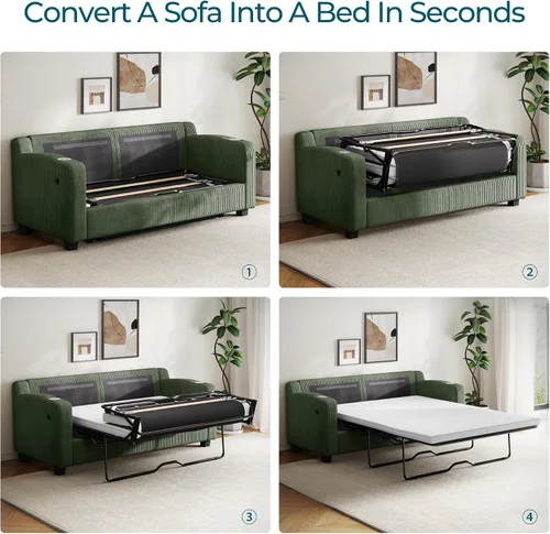 Miniatura 4 de LINSY HOME Sofá cama convertible con sofá cama extraíble, marco de cama mejorado, carga USB y portavasos, sofá cama de pana para sala de estar