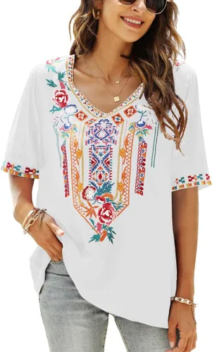 Miniatura 3 de AK Women's V Neck Casual Summer Blouse, Boho Embroidered Mexican Peasant Tops Short Sleeve Shirts Casual Blouse Loose Tunics
