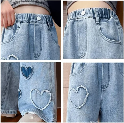 Miniatura 3 de Pantalones de mezclilla holgados para niñas y niñas, pantalones de mezclilla casuales de pierna ancha y cintura alta, talla 5-14 años