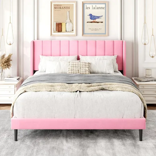 Miniatura 29 de Gruwans Estructuras de Cama Individual con Cabecera Wingback, Camas de Plataforma Tapizadas, No Necesita Somier, Soporte Resistente de Listones