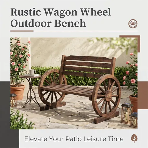 Miniatura 6 de KINTNESS Banco de ruedas de madera rústico para exteriores, muebles de patio para 3 personas con respaldo para patio trasero