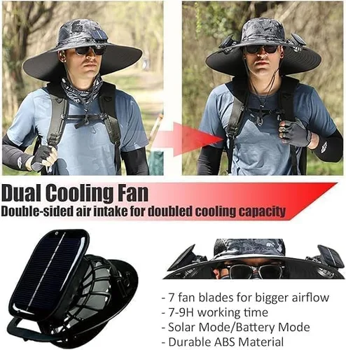 Miniatura 3 de Sombrero de ventilador solar de ala ancha, ventilador solar de ala ancha, sombrero de pesca al aire libre, sombreros de ventilador solar