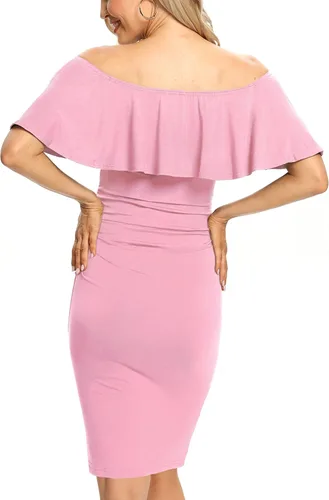 Miniatura 5 de AONESX Vestido de maternidad ajustado con volantes y hombros descubiertos, vestido de embarazo formal para baby showerfotografía