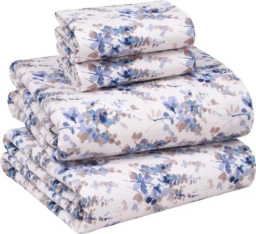Miniatura 23 de Ruvanti - Juego de sábanas de 100 % algodón, juego de 4 piezas de cama, diseño floral, color azul, ropa de cama tamaño King, tela suave, Phulkari