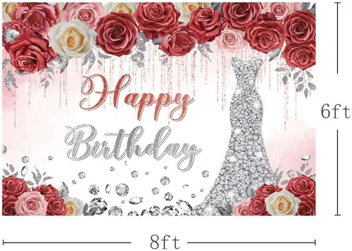 Miniatura 3 de AIBIIN Telón de fondo de feliz cumpleaños de 8 x 6 pies, vestido plateado floral rojo, fondo de fotografía, goteando purpurina de cristal plateado
