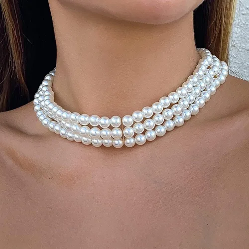 Miniatura 2 de Jumwrit Gargantilla de perlas, collar de perlas en capas, accesorios de disfraz, collar con cierre de palanca para mujeres y niñas, Metal