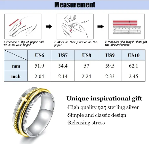Miniatura 7 de Anillo de cruz para mujer, plata de ley 925, anillos giratorios de banda ancha martillada