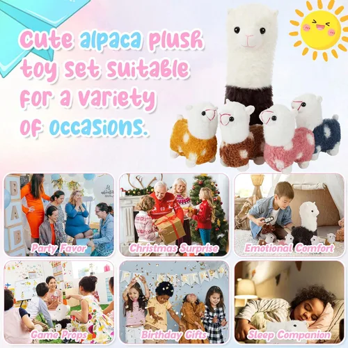 Miniatura 6 de Civaner Animal de peluche de llama con 4 peluches de llama bebé, lindo juego de peluche de alpaca suave Kawaii para niños y niñas, graduación, Marrón