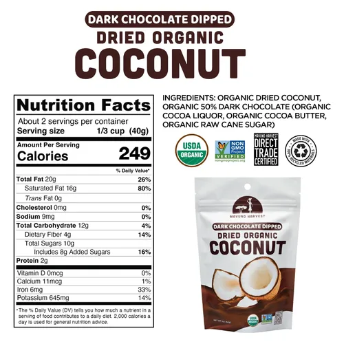 Miniatura 3 de Mavuno Harvest Coco Orgánico Cubierto de Chocolate - Coco Seco Orgánico Sumergido en Chocolate Negro - Sin OMG, Sin Conservantes, Comercio Justo