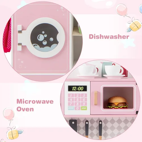 Miniatura 4 de INFANS Juego de cocina para niños, juego de cocina de madera para niños pequeños, juego de juguetes de cocina con cafetera, máquina de hielo, Rosa
