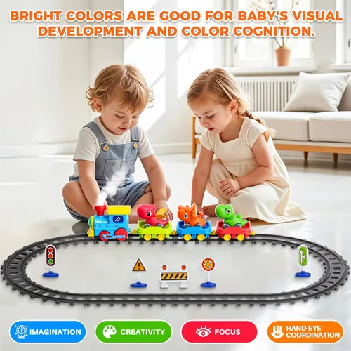 Miniatura 3 de Juego de tren para niños pequeños con vapor, música y luces - Juguetes de tren eléctrico para niños con accesorios de pistas, incluyendo 3 autos
