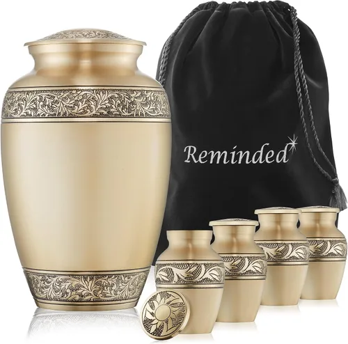 Miniatura 10 de Reminded Juego de 5 urnas decorativas de cremación para cenizas humanas, 1 latón para adultos + 4 tamaño de símbolo de recuerdo, azul