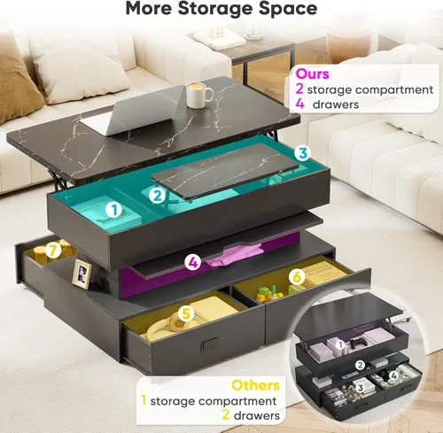 Miniatura 3 de Mesa de centro elevable de 40 pulgadas con luz LED, modernas mesas de centro grandes con almacenamiento y 4 cajones, mesa de centro de mesa