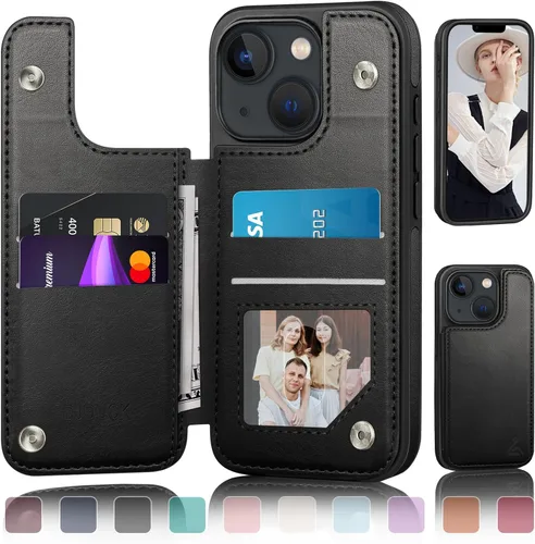 DJDUCK Diseñado para iPhone 13 Funda tipo cartera con tarjetero, [Cubierta de cierre magnético] [Protección de cuero con bloqueo RFID] Fundas a Negro