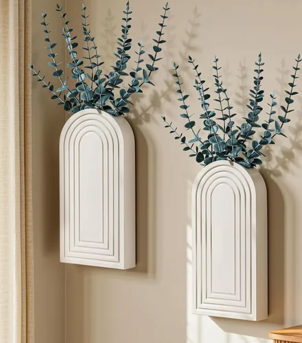 Miniatura 6 de DREAMLOOM Paquete de 2 jarrones de pared de madera con plantas artificiales de eucalipto, macetas para colgar en la pared, estilo bohemio y moderno