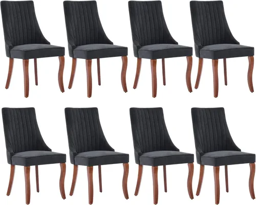 Miniatura 8 de Juego de 8 sillas de comedor, sillas de cocina con canales de lino con patas curvadas de madera maciza, silla de comedor tapizada de tela cómoda