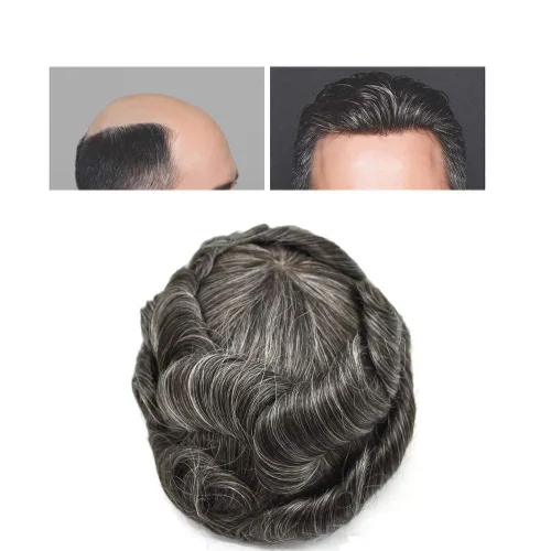 Miniatura 30 de Toupee para hombre, encaje suizo frontal, nudos blanqueados, línea capilar natural, sistemas de reemplazo de cabello humano tipo tupé, piezas hechas