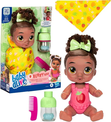 Miniatura 11 de Baby Alive Shampoo Snuggle Berry Boo Cabello Negro - Juego de muñeca bebé de agua de 11 pulgadas, juguetes para niñas y niños de 3 años en adelante