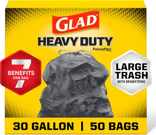 Bolsas de basura grandes Glad ForceFlex extra fuertes con cordón, para exteriores, C07613, Negro, 1, 1