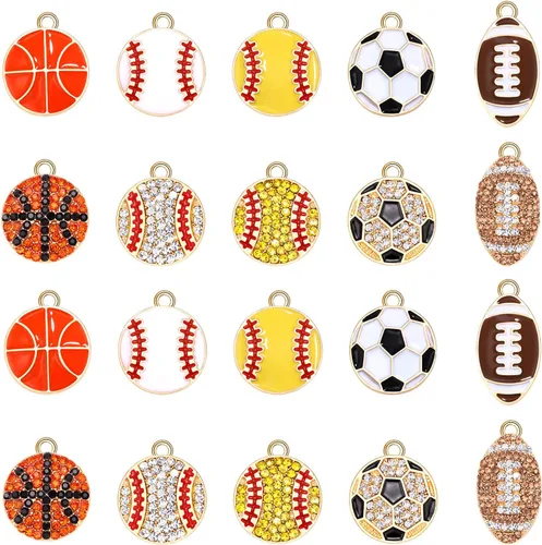 Miniatura 15 de 20 piezas de dijes deportivos de esmalte, colgantes de baloncesto y béisbol para hacer joyas, dijes de juego de pelota con strass, dijes de softball