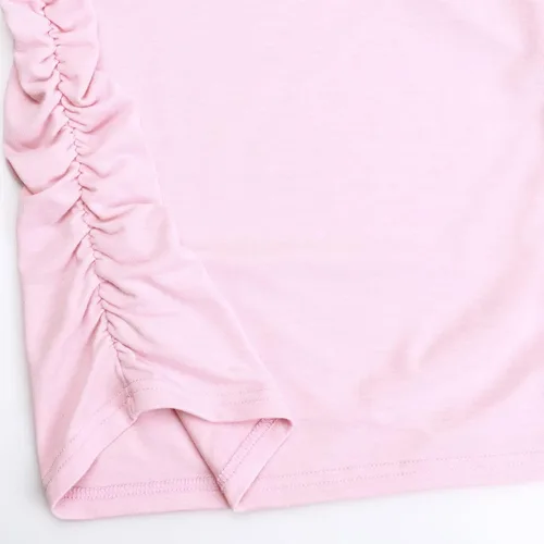 Miniatura 7 de DEBELLY Camiseta de maternidad con manga corta de pétalos, túnica de embarazo lateral fruncida para uso casual, camiseta básica de maternidad