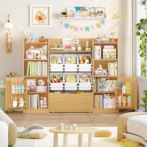 Miniatura 10 de FINETONES Organizador de almacenamiento de juguetes de 55 pulgadas con 6 contenedores de juguetes, estantería grande 5 en 1 para niños con cofres