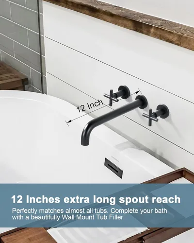 Miniatura 3 de ARCORA - Llenador de bañera de montaje en pared, negro mate, grifo de bañera de largo alcance, 2 asas cruzadas, grifo de bañera montado en la pared