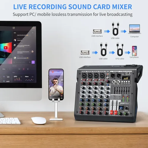Miniatura 5 de Mezclador de audio, mezclador profesional de DJ de 6 canales con efectos DSP de 99 bits, ecualizador de 7 bandas, alimentación fantasma de 48 V