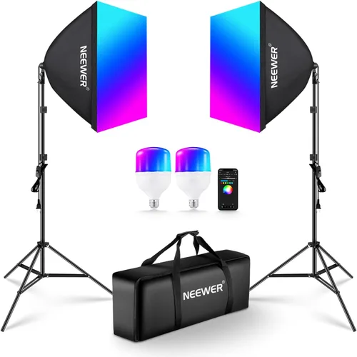 NEEWER Paquete de 2 kits de iluminación RGB equivalente a 520 W con control de aplicación y 9 efectos, bombillas LED de 26 W CRI93+ TLCI98+,
