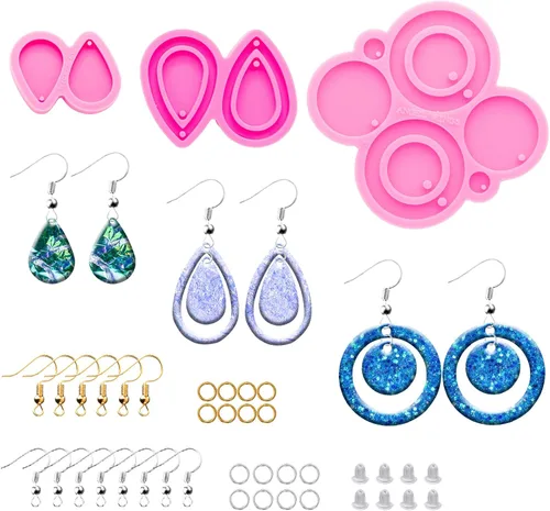 Miniatura 7 de Kit de 103 moldes de resina para aretes de bricolaje – Gota de lágrima/cuadrángulo/molde de silicona con forma de círculo retro, molde de fundición