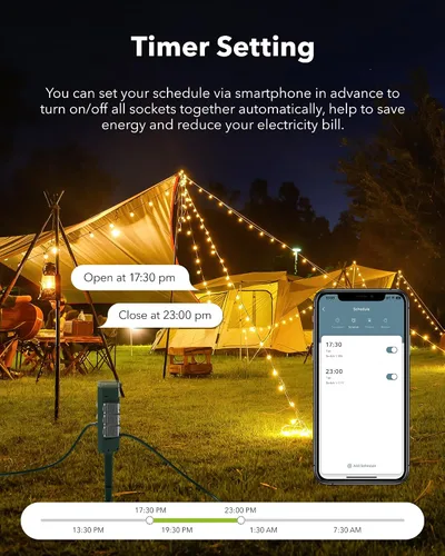 Miniatura 6 de HBN Enchufe inteligente para exteriores impermeable con 6 tomas, temporizador de estaca de alimentación WiFi de 6 pies, temporizador de salida al