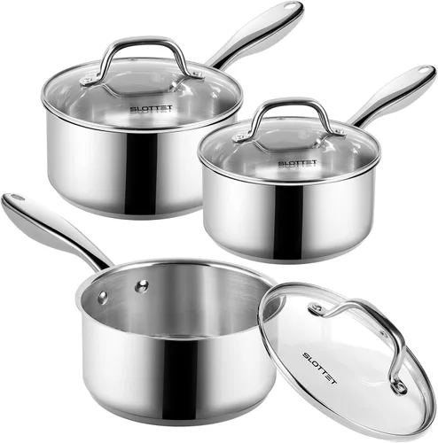 SLOTTET Juego de ollas de acero inoxidable de 1, 2 y 3 cuartos con tapa, 6 piezas de ollas antiadherentes, ollas pequeñas de cocina, compatible con