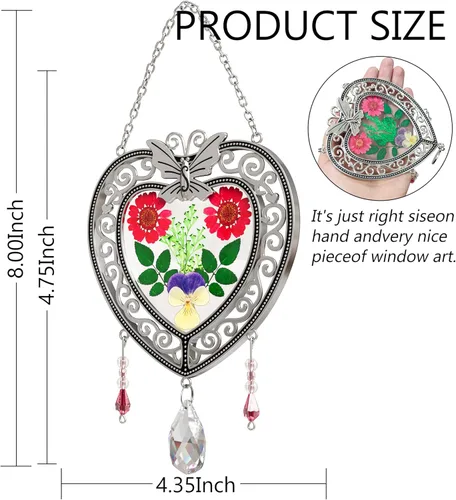 Miniatura 7 de KY&BOSAM Atrapasoles de cristal con forma de corazón, árbol de la vida, paneles de vitrales, colgantes de flores reales para ventanas, hogar