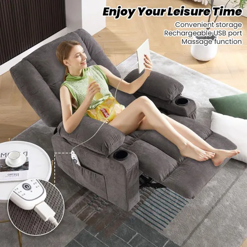 Miniatura 7 de BOSMILLER Silla reclinable de gran tamaño para adultos con masaje por vibración y calefacción lumbar, mecedora giratoria con soporte para tazas