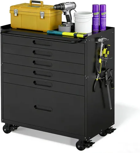 Miniatura 29 de Armario de almacenamiento de metal para garaje con ruedas, gabinete rodante con cerradura para herramientas con cajón y estantes, gabinete móvil