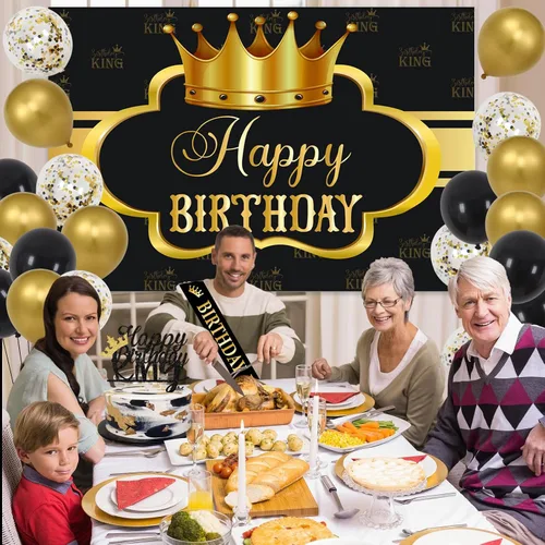Miniatura 2 de Decoraciones de cumpleaños King para hombres, pancarta de fondo de fiesta de cumpleaños para niños, globos negros y dorados, decoraciones de feliz
