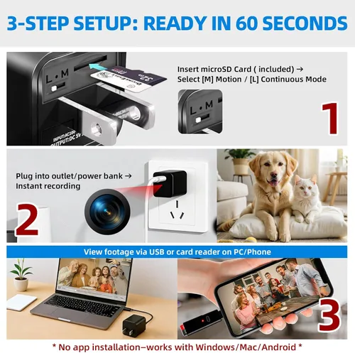 Miniatura 4 de Cámara con cargador HD 1080P con detección de movimiento, gran angular de 106°, sin WiFi/cuota mensual, mini cámara oculta para seguridad