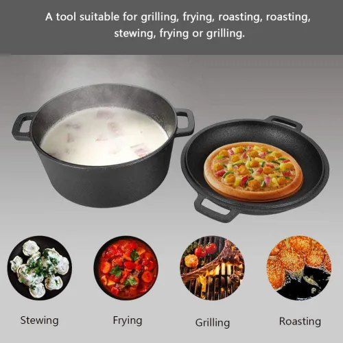 Miniatura 2 de Hornos holandeses, 2 en 1, horno holandés doble sazonado de hierro fundido, sartén de hierro fundido, utensilios de cocina combinados para cocina