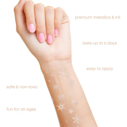 Miniatura 4 de Flash Tattoos Winter Frost Metallic - Tatuajes temporales de 2 hojas Incluye más de 36 tatuajes de copo de nieve de aluminio plateado de alta
