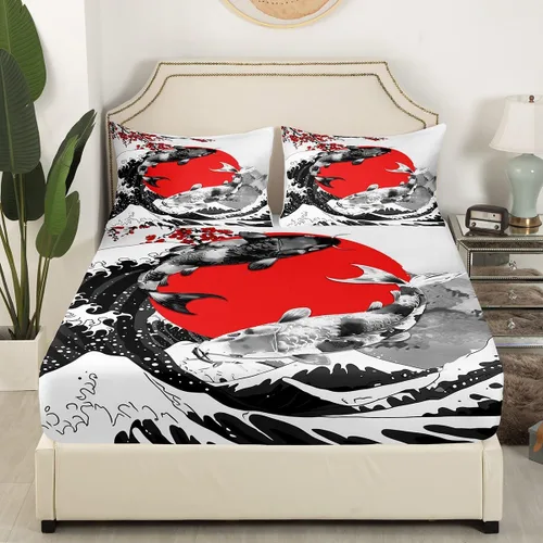 Miniatura 4 de Juego de sábanas estilo japonés Mount Fuji con diseño de peces koi, tema Ukiyo-E, sábana ajustable con pintura de tinta roja de cerezo de montaña