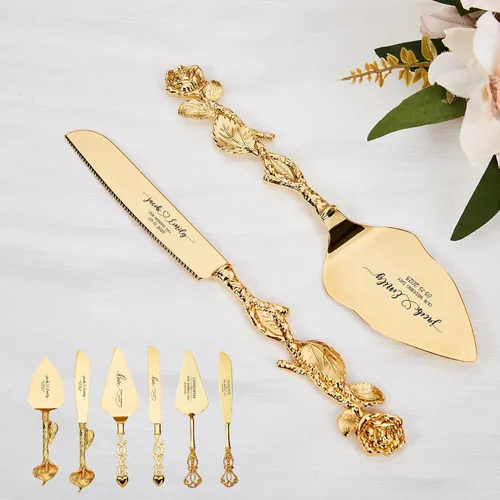 Miniatura 9 de Juego de cuchillo personalizado para tartas y servidor, cuchillo y servidor para tartas doradas, cubiertos de boda personalizados para una ceremonia