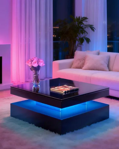 FKWin Mesas de centro negras para sala de estar, mesa de centro LED con luces, moderna mesa de centro negra con superficie de alto brillo, mesa