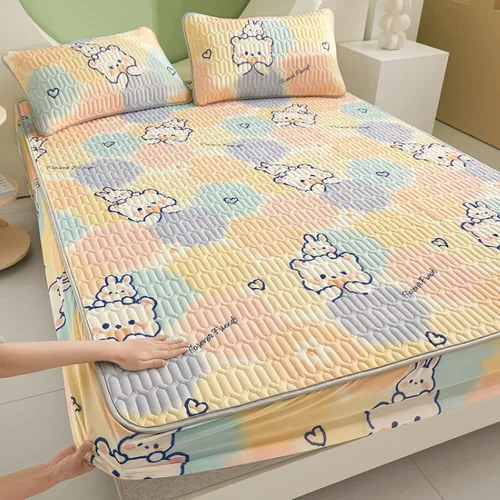 Miniatura 20 de FCLDESHOP Sábanas de bolsillos profundos, sábana bajera con estampado de látex fresco grueso de verano, protector de colchón de animé de dibujos