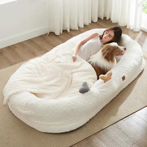 Miniatura 11 de ChiXnuggle Cama humana para perros adultos – Cama gigante de piel sintética rayada de lujo para perros con asa portátil, almohadilla de espuma