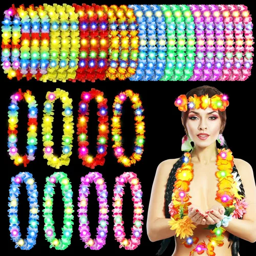 Miniatura 7 de Giegxin 12 collares con luces LED hawaianas Lei tropicales con luces LED Lei de arco iris artificial para niños y adultos, fiesta temática Hawaii